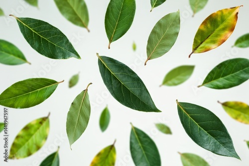 Leaves dance in mid-air, creating a symphony of greens against a soft white backdrop during a serene afternoon