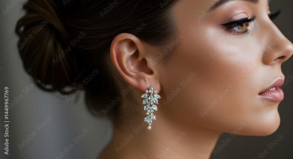 Elegant Woman with Diamond Dangle Earrings | Close-Up Portrait for Jewelry Advertising, Bridal Fashion and Beauty Marketing Elegant Woman with Diamond Dangle Earrings | Close-Up Portrait for Jewelry Advertising, Bridal Fashion and Beauty Marketing