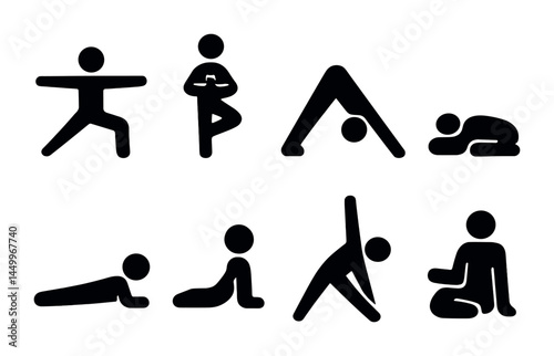 Yoga and meditation silhouette icons set – filled, mindfulness, wellness, relaxation symbols