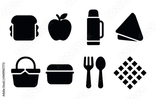 Picnic and outdoor dining silhouette icons set – solid, summer snacks, al fresco dining graphics