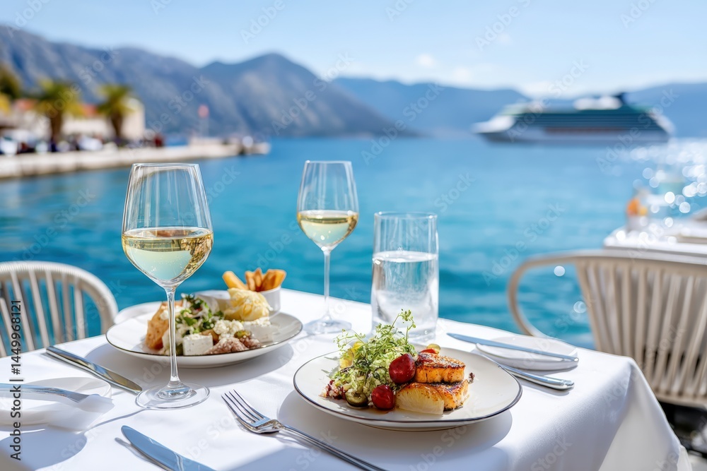 Fototapeta premium Elegant outdoor dining by the sea with wine, gourmet food, and a cruise ship in the background.