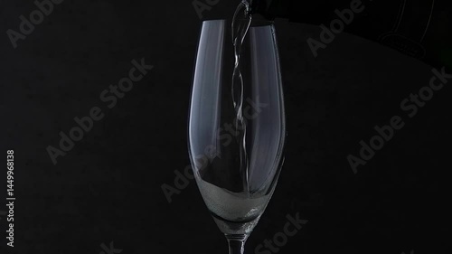 よく冷えたシャンパン（スパークリングワイン）をフルートグラスに注ぐ動画素材（スローモーション）
