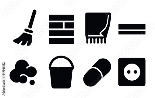Household cleaning silhouette icon set – home, sanitization, and chore symbols collection