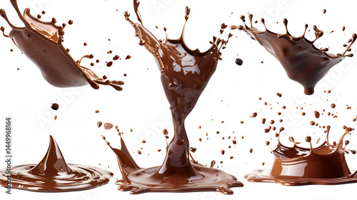 A Symphony of Chocolate Motion: A Collage of Dynamic Chocolate Splashes Frozen in Time, Showcasing the Liquid's Richness and the Artistry of a Delicious Collision.