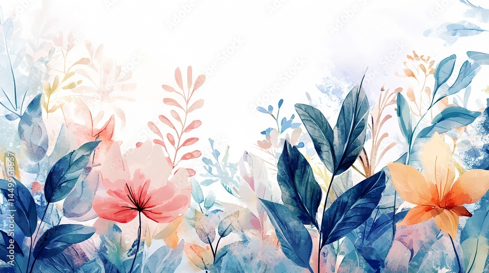 A watercolor painting of a field of flowers with a blue sky in the background