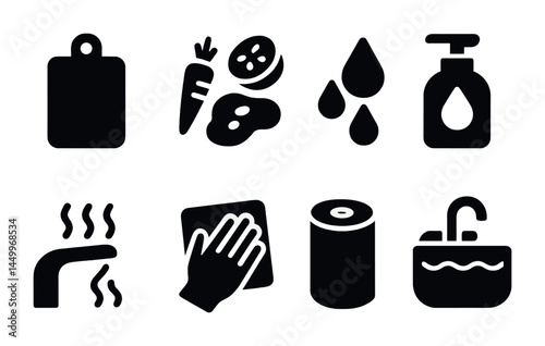 Kitchen hygiene solid icons set – filled, cleanliness, sanitation symbols for food safety