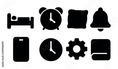 Sleeping and rest solid icons set – silhouette, bedtime, relaxation symbols