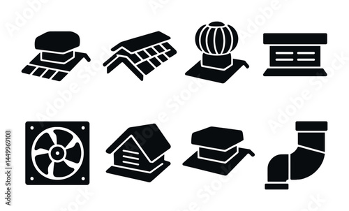 Ventilation and roofing solid icons set – air circulation, roof ventilation, hvac symbols