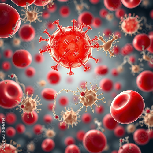 Pathogenic bacteria interact with red blood cells in bloodstream highlighting septicemia process