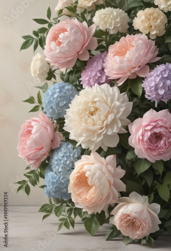 Pastel roses, peonies & hydrangeas; vintage floral wall  ,  artificial flowers,  pastel peonies,  pastel