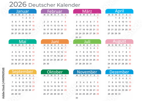 Calendar 2026 Year mockup. German version. Annual horizontal template with colored tabs on white background. Modern design. Editable format. EPS10.