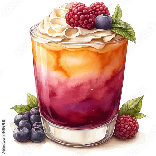 Layered Dessert With Whipped Cream And Fruit, vector watercolor illustration, isolated on a white background.