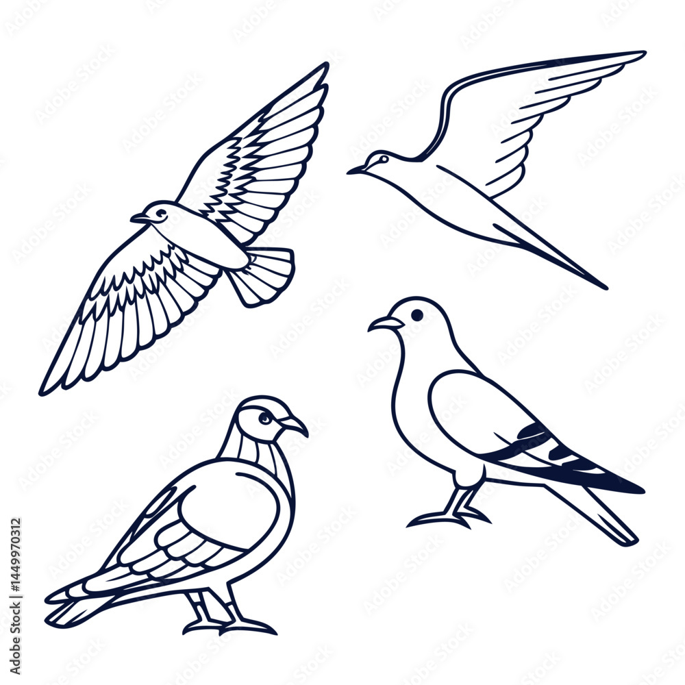 Obraz premium Bird Icon Pack Pigeons Seagulls Swallows in Stroke Outline Style