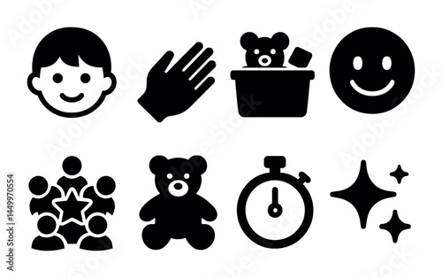 Child education solid icons set – filled, learning, development, early childhood symbols