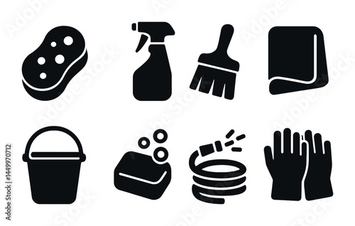 Cleaning and hygiene silhouette icons set – flat, filled, sanitation symbols