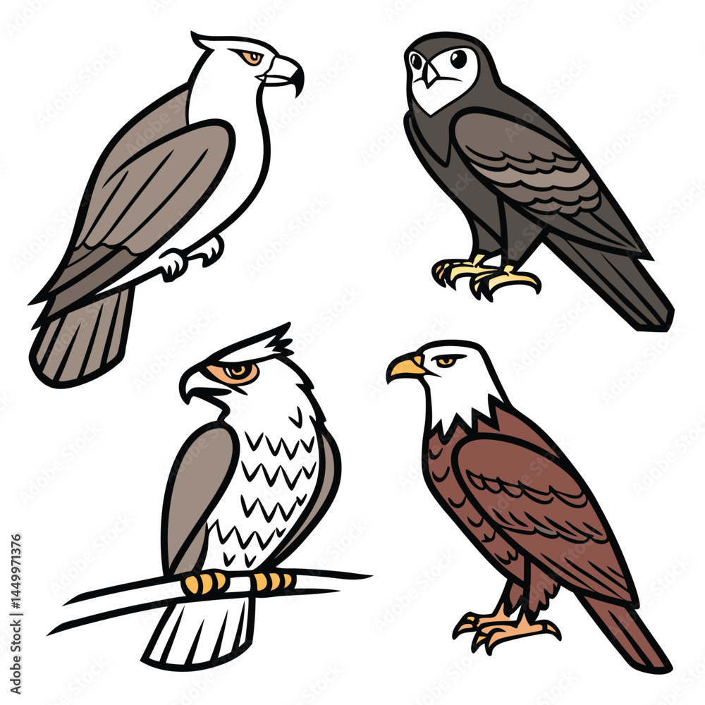 Fototapeta premium Flat Bird Icon Set Eagle Owl Hawk Falcon for Wildlife Projects
