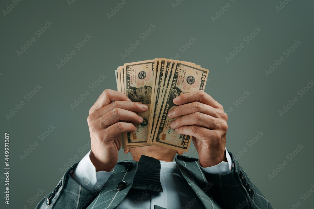 businessman, seen from below, with some dollars