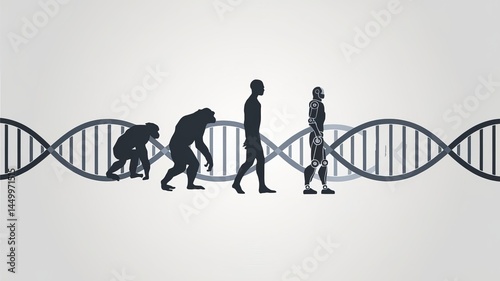 A visual evolution from primates to humans and robots, symbolizing the intersection of biology and technology.