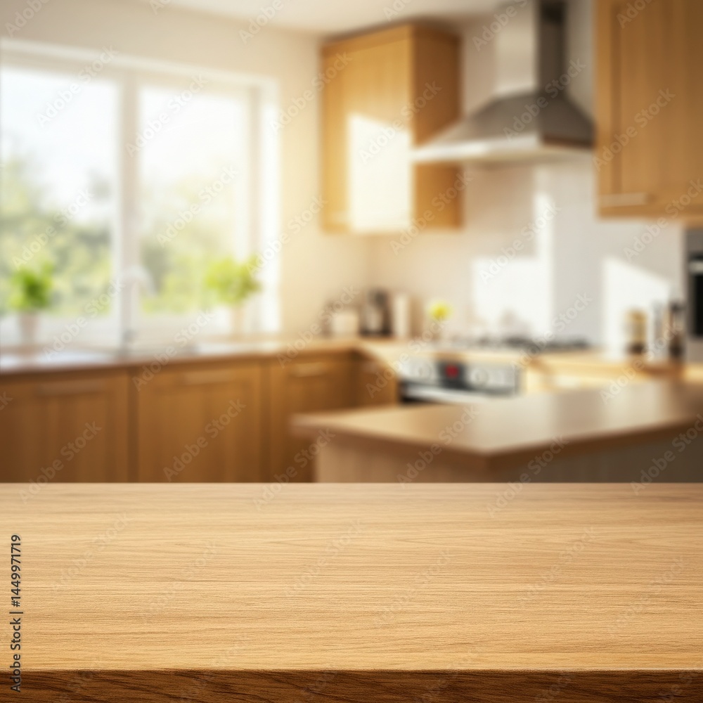 Modern kitchen empty wooden table window mockup sink in a hotel interior design