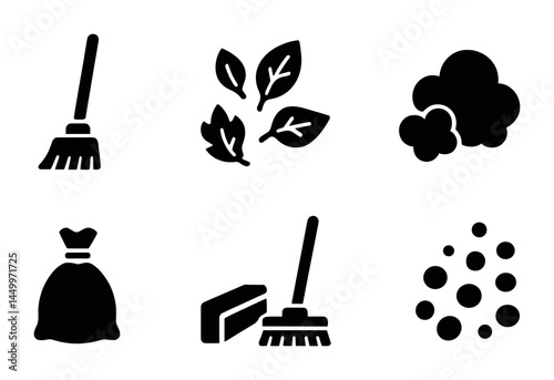 Cleaning essentials solid icons set - housekeeping, hygiene, sanitation symbols collection