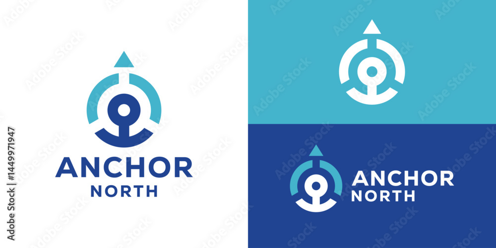 Creative simple anchor north logo template. Abstract compass with anchor logo design vector illustration.
