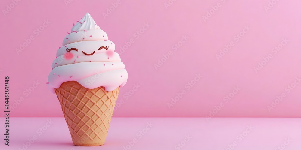 Adorable kawaii ice cream cone with a smiling face and sprinkles, on a pink background. For kids' party themes, dessert blogs, or sweet summer content. Adorable kawaii ice cream cone with a smiling face and sprinkles, on a pink background. For kids' party themes, dessert blogs, or sweet summer content.