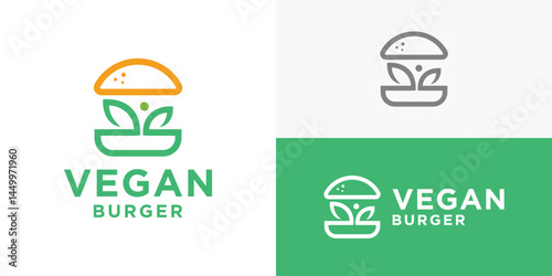 Creative simple vegan burger logo template. Burger with leaf logo design vector illustration.