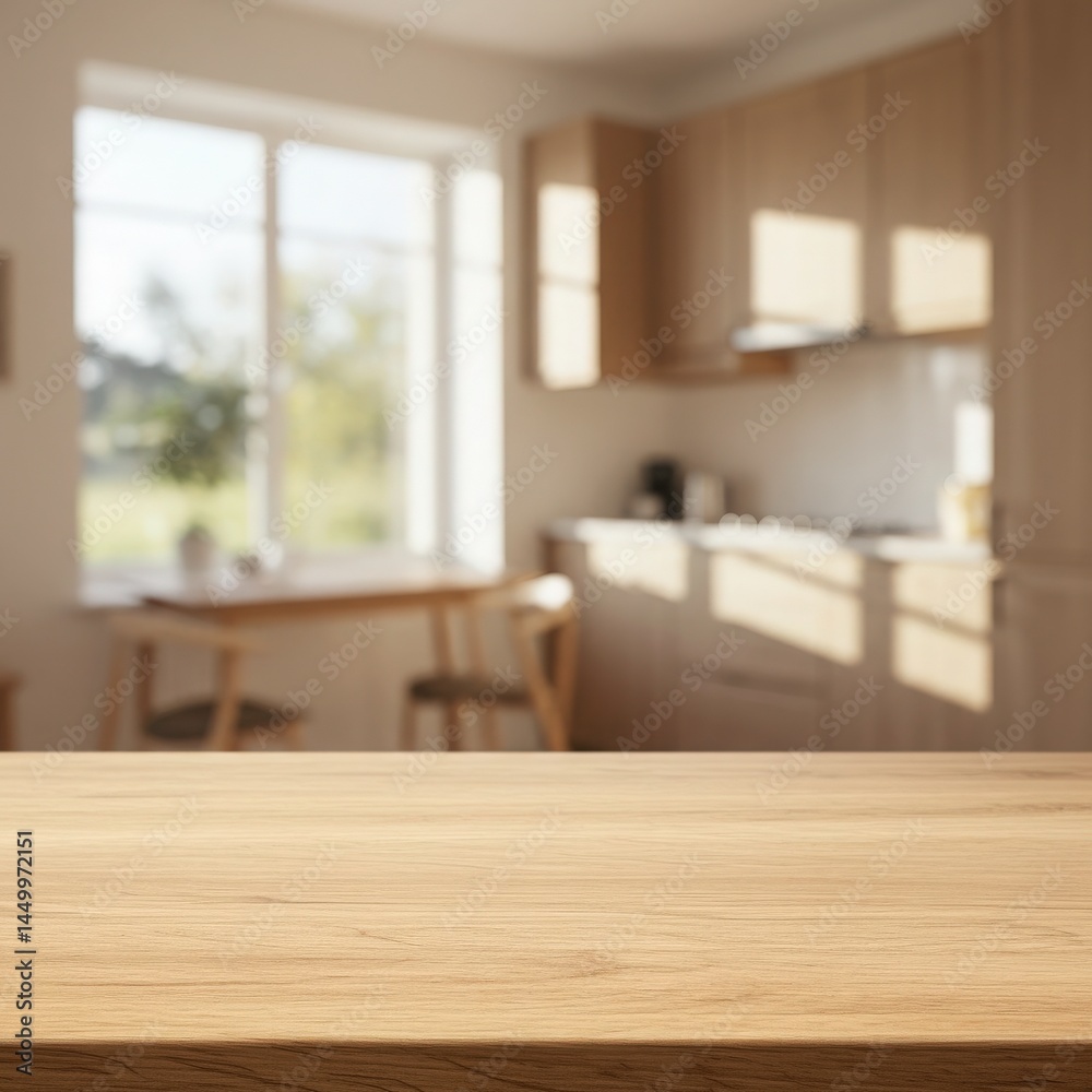 Modern kitchen empty wooden table window mockup sink in a hotel interior design Modern kitchen empty wooden table window mockup sink in a hotel interior design