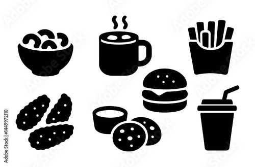 Fast food silhouette icons set – solid, quick meals, snack and beverage symbols