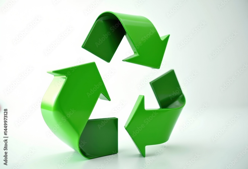 Green recycling symbol made of glossy material on a light background