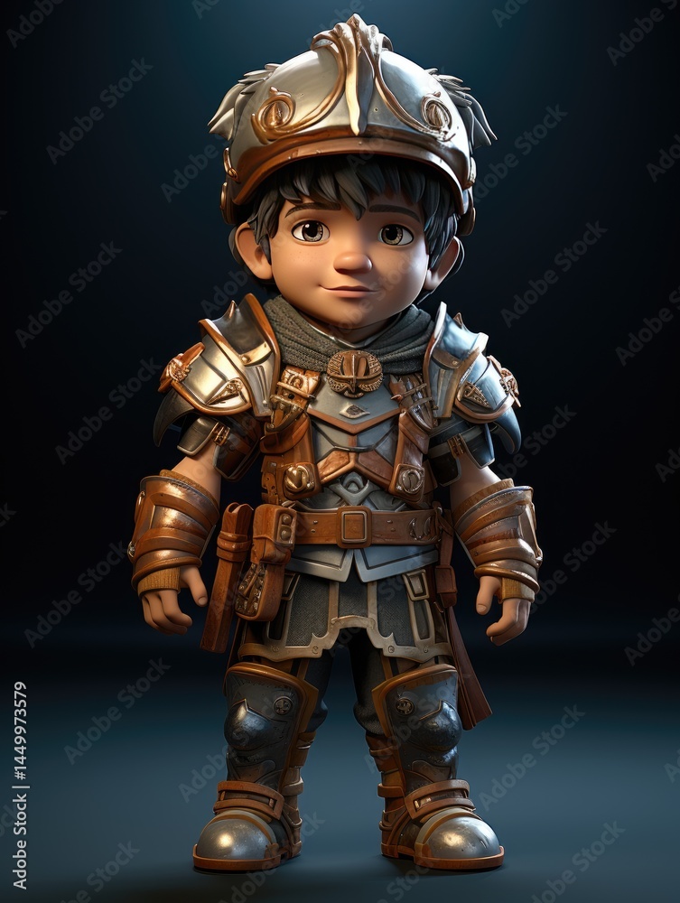 A cartoon boy in full medieval armor with a helmet standing against a dark background looking forward A cartoon boy in full medieval armor with a helmet standing against a dark background looking forward
