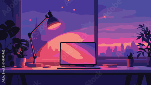 laptop workstation in the evening