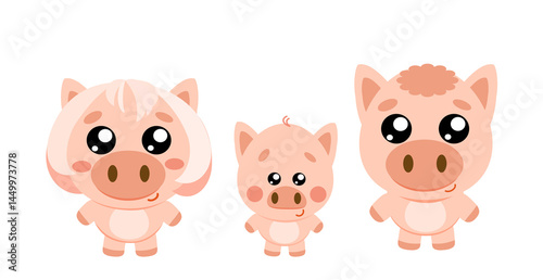 Cute Pig Family, Kawaii Cartoon Style Illustration for Kids