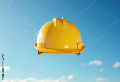 Bright yellow construction helmet against a clear blue sky