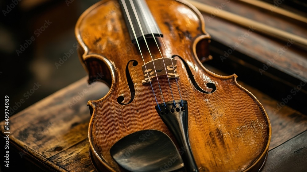 Fototapeta premium antique violin on wooden surface