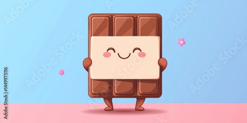 Cute candy bar character holding a blank sign mockup on a pink/blue background. Use for candy adverts, party invitations or message templates. photo