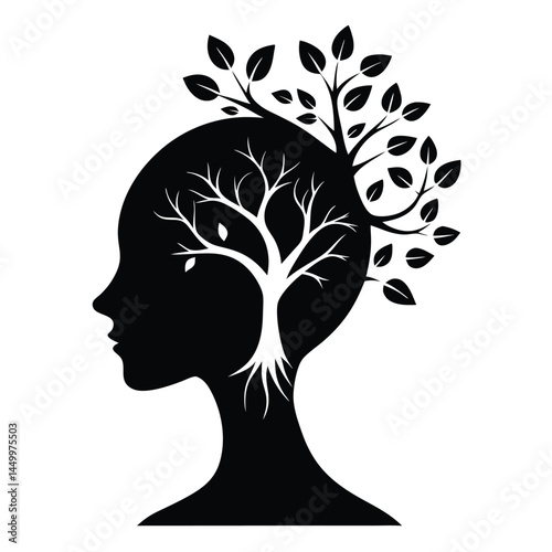 silhouette profile, tree growing from head, contrast of barren and leafy branches, black and white illustration, conceptual art, mind growth, yin yang symbolism, organic shapes, minimalist design, 