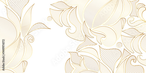 Abstract Vector line gold ornament fancy nature elegant vintage background. Hand drawn wavy branches and leaves on white background design for decoration, wallpaper, cover, banner, poster card etc.