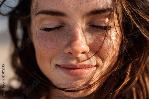 A close-up shot of a smiling woman with freckles and her eyes gently closed in the sunlight.