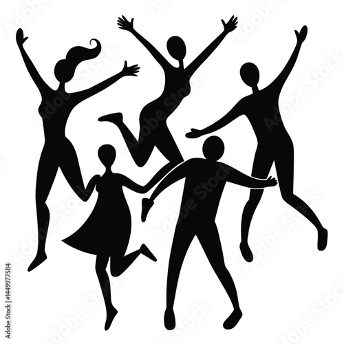 Joyful silhouettes, group celebration, dynamic poses, jumping figures, energetic movement, black and white illustration, minimalist design, abstract human forms, unity and togetherness