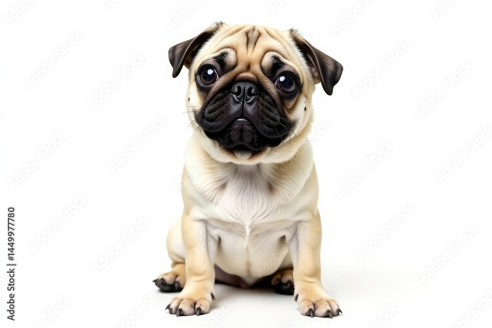 Obraz premium Adorable pug dog sitting, isolated on white background, dog, black