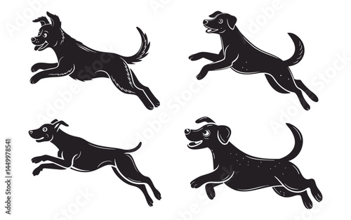 Dynamic Silhouettes of Dogs Running and Jumping in an Outdoor Park Environment Vector Illustration