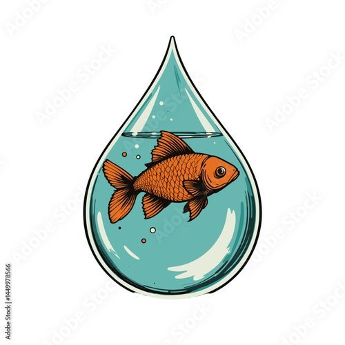 Stylized water droplet with a goldfish swimming inside in aquamarine color