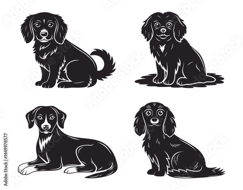Four Different Black Dog Illustrations Showcasing Canine Breeds and Poses in a Playful Style Vector Illustration