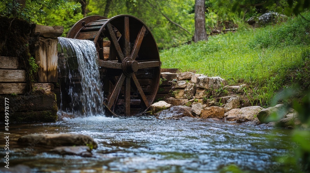 rustic wooden water wheel in a lush green forest rustic wooden water wheel in a lush green forest