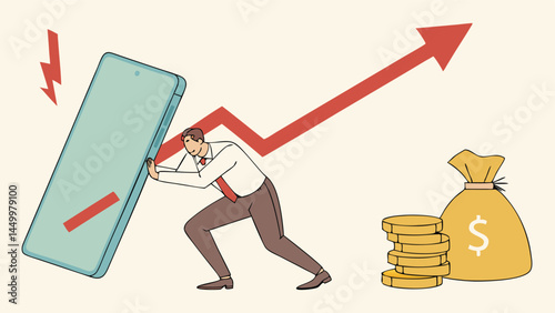 Financial security, money loss or wealth protection, defense from cyber attack or economic recession concept, strong businessman holding shield to protect from red arrow attacking financial security.