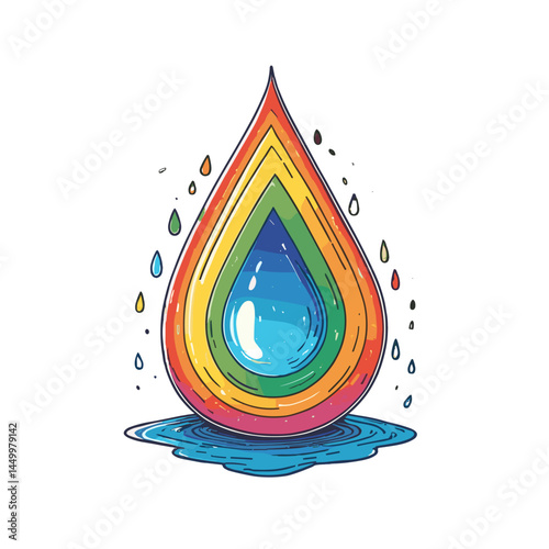 Colorful water droplet with inner gradient and cascading droplets, symbolizing beauty and joy, copy space