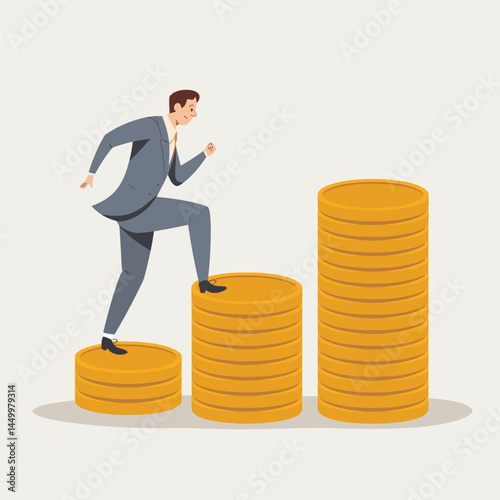 businessman up the stairs of gold coin