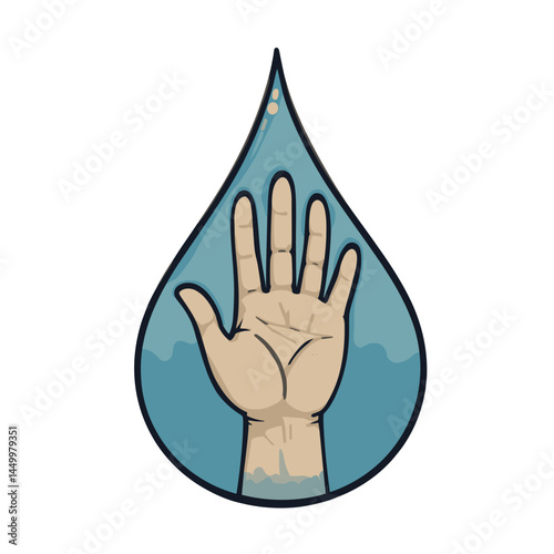 The image shows a stylized graphic of a hand rising from the bottom of a water droplet. The droplet is colored blue, representing water, while the hand appears in a natural skin tone, conveying themes