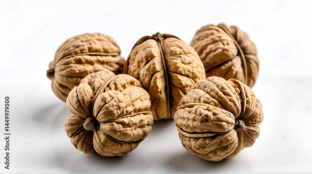 Three unshelled walnuts lined up on a white background, showcasing their natural texture and color. Three unshelled walnuts lined up on a white background, showcasing their natural texture and color.